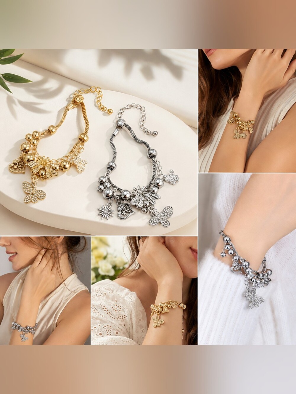 NWT 2 Butterfly & Floral Charm Bracelets Crystal Set Gold & Silver Tone - Picture 3 of 5